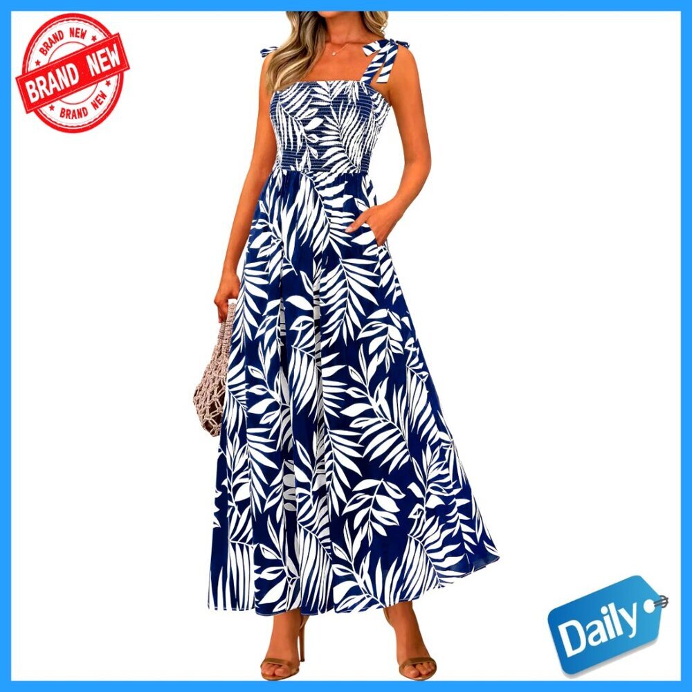 Sleeveless Smocked Maxi Dress Floral Boho A-Line Beach Sundress